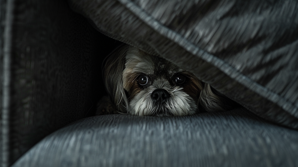 כלב שיצו מתחבא בין כריות הספה